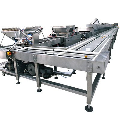 Center filled cake production line with automatic tray return conveyor for decorated tiger skin cake rolls